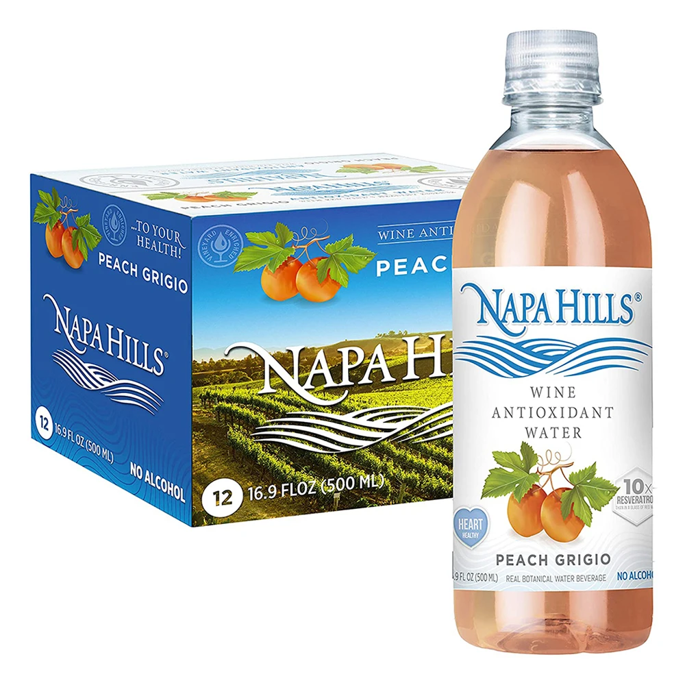 
Peach Grigio 12 Pack Napa Hills Wine Antioxidant Water Peach Flavored Wine Water Non Alcoholic Resveratrol Enriched Drink 