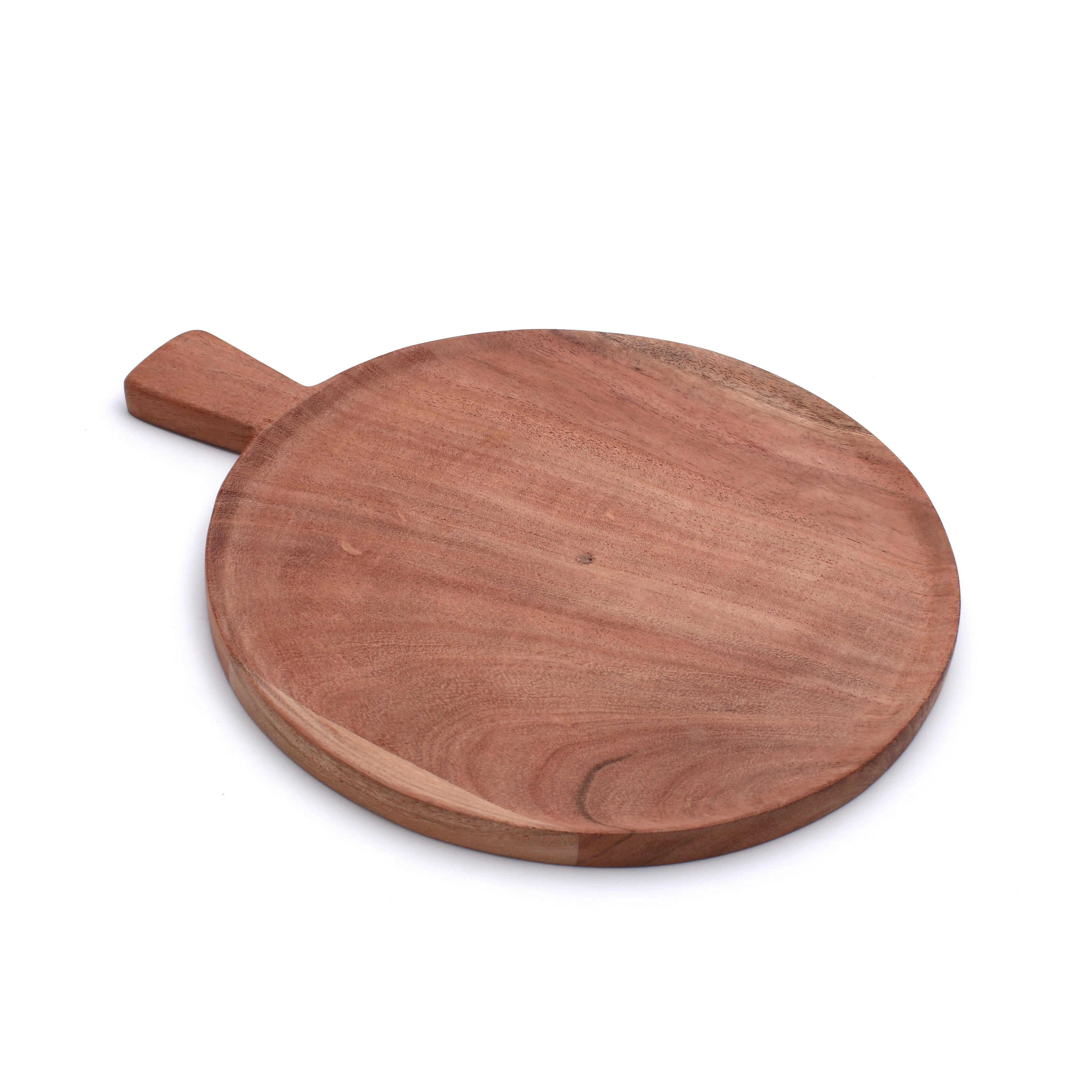 31 x 25 x 1.5 CM Natural Acacia Wood Pan Shape Snack Serving Plate Pizza Board with handle Multifunction Acacia Wooden Platter