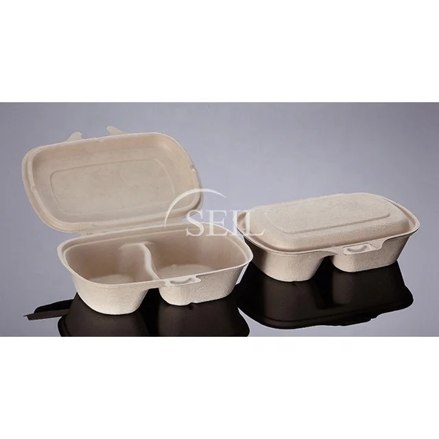 
Sugarcane Bagasse Hinged Container / Biodegradable Pulp Container / Takeaway Food Recycled Paper Lunch Box 