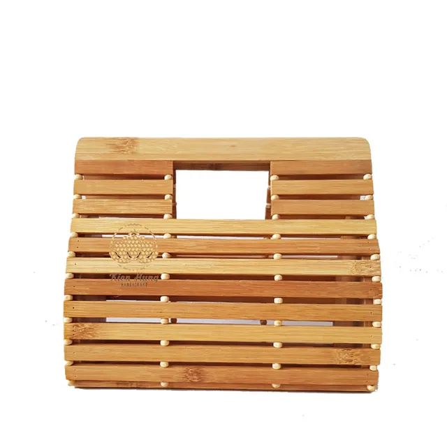 Eco-Friendly Lady Fashion Handbag Classic OEM ODM Vietnam Wood Half Moon Bamboo Bags Open Closure Geometric Pattern Handled