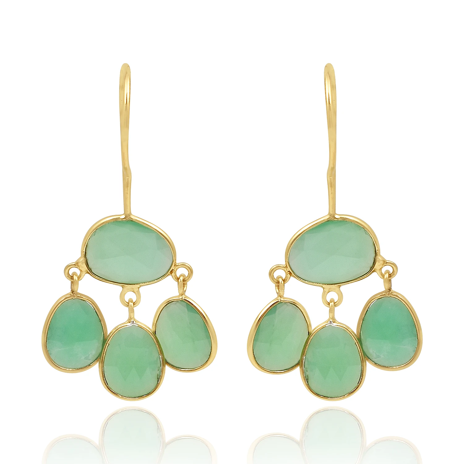 Оптовая цена модные серьги из натурального камня Позолоченные 925 стерлингового серебра хризопраза с подвесками