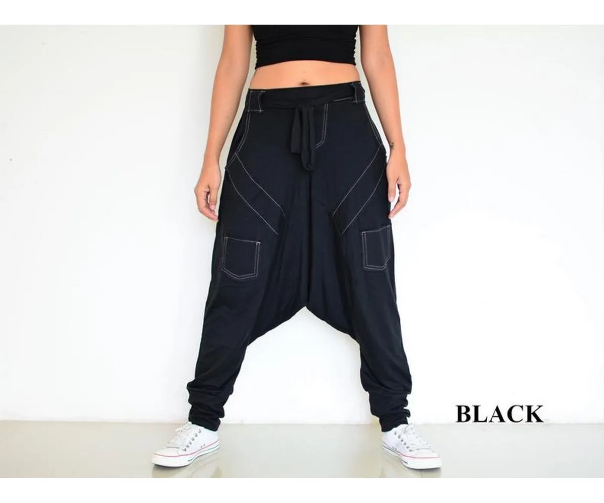 Custom Two Piece Black women linen pants kimono harem lounge wide leg parachute baggy sweatpants organic yoga boho trousers for