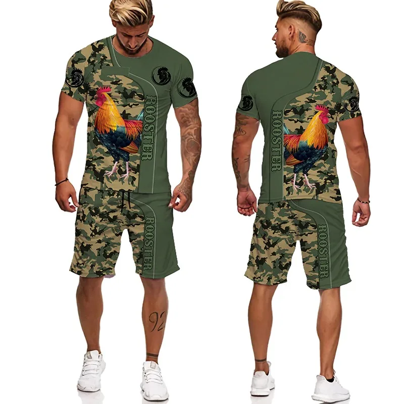 Men Tracksuit 2 Piece Set For Summer Short Sleeve Male Cool Chicken Cock 3D Print T-shirts And Shorts Casual Men Suit