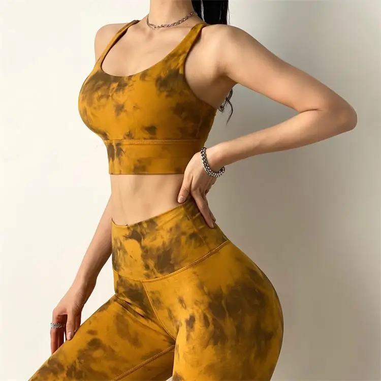 custom logo yoga fitness workout sets fade sports bra and legging tie dye set gym tights jogging  yoga set