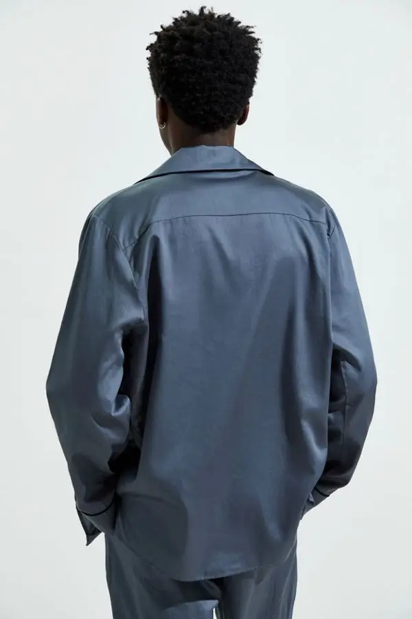 MGOO Long Sleeve And Pants Dark Blue Basic Solid Mens Satin Sleepwear Plain Blank Men Pajamas Set