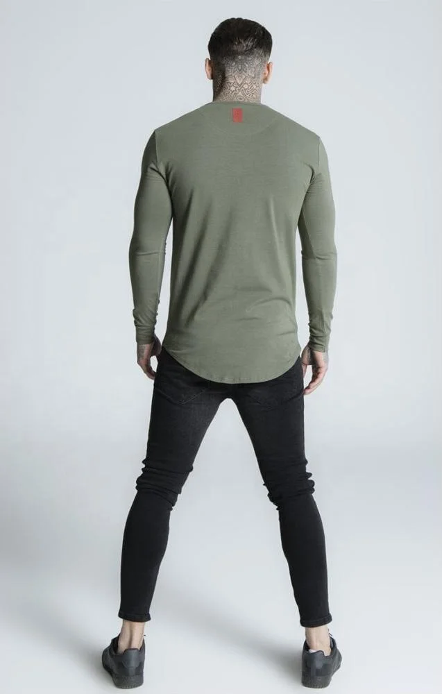 Long line curved hem T shirt in olive color ,95% cotton 5% elastin full sleeve with long length with curved bottom