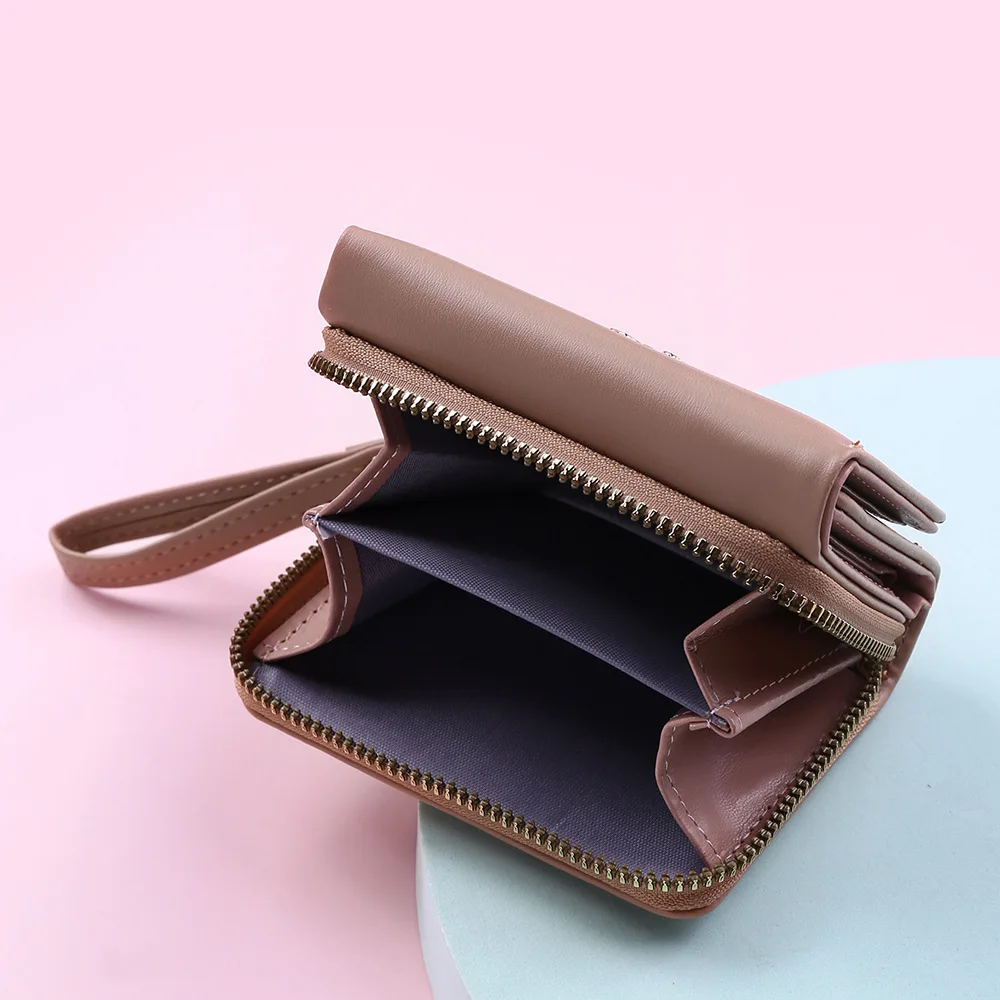 Custom PU leather short mini wallet zipper coin purse female triple fold buckle women wallet