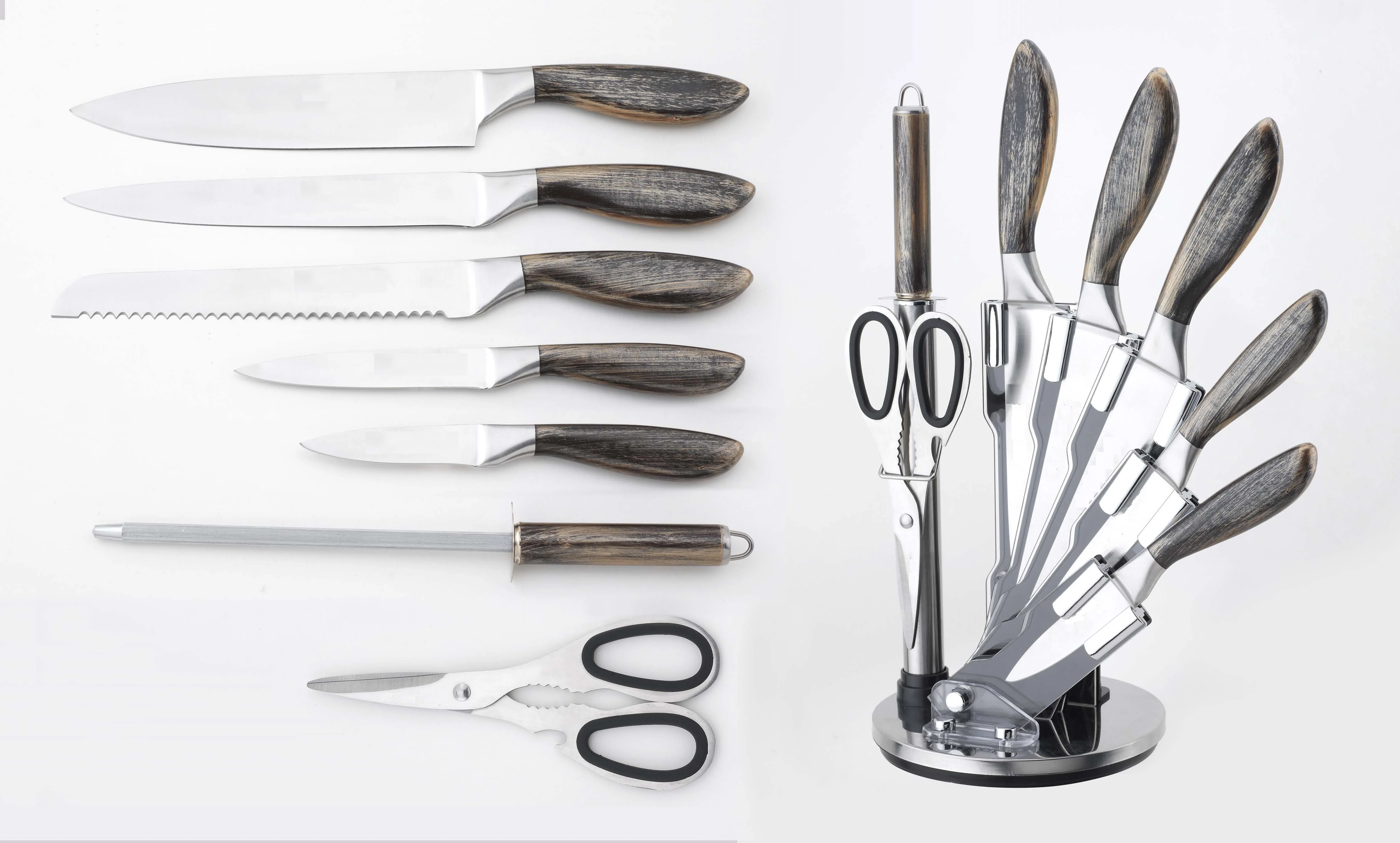 Yangjaing Factory, high quality Hollow kitchenware 430SS Chef knife set, sharpener with antique handle and acrylic stand