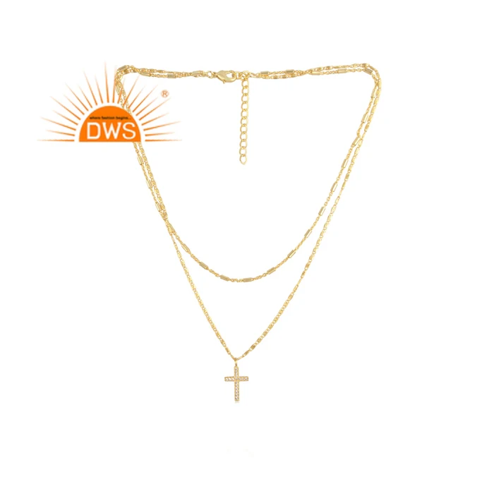 Handmade Design Natural Cz Gemstone Cross Design Three Chain Layers Pendant Necklace For Women Fashion Jewelry Manufacturerb