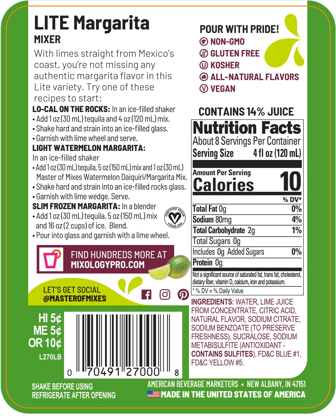 
Master of Mixes Margarita Lite - 1 Liter Ready-To-Use Non-Alcoholic Cocktail Mix 