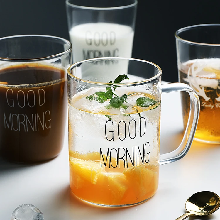 custom logo clear morning  glass milk coffee water cup with handle