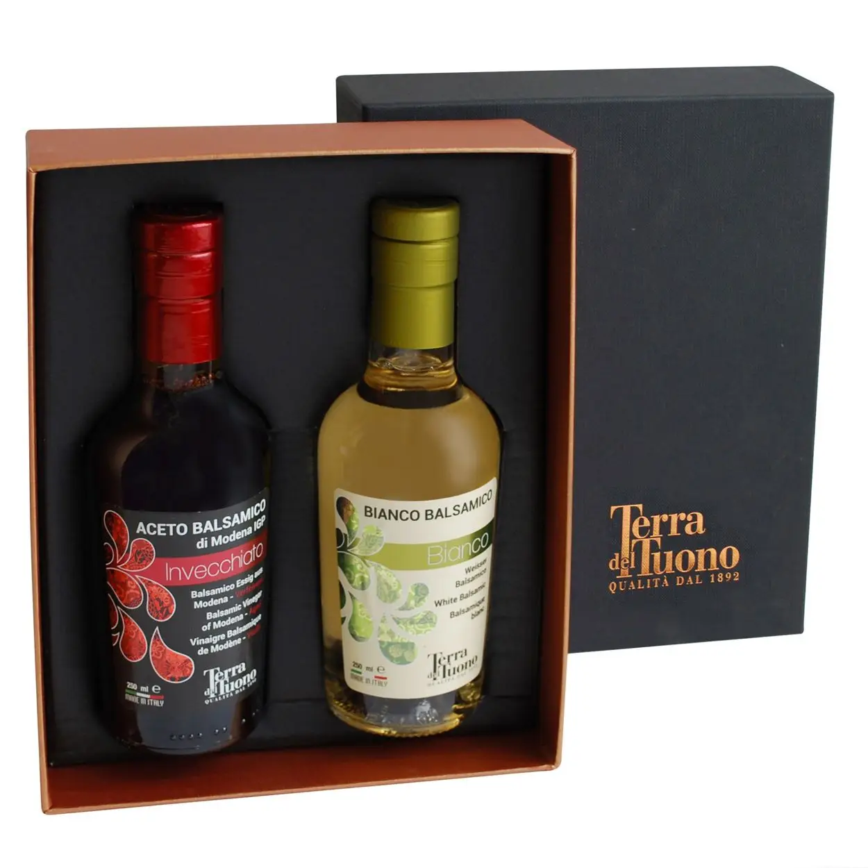 Специальная подарочная коробка с белыми бальзамическими приправами 250 мл и высокоплотным итальянским состаренным бальзамическим уксусом Modena IGP 250 м