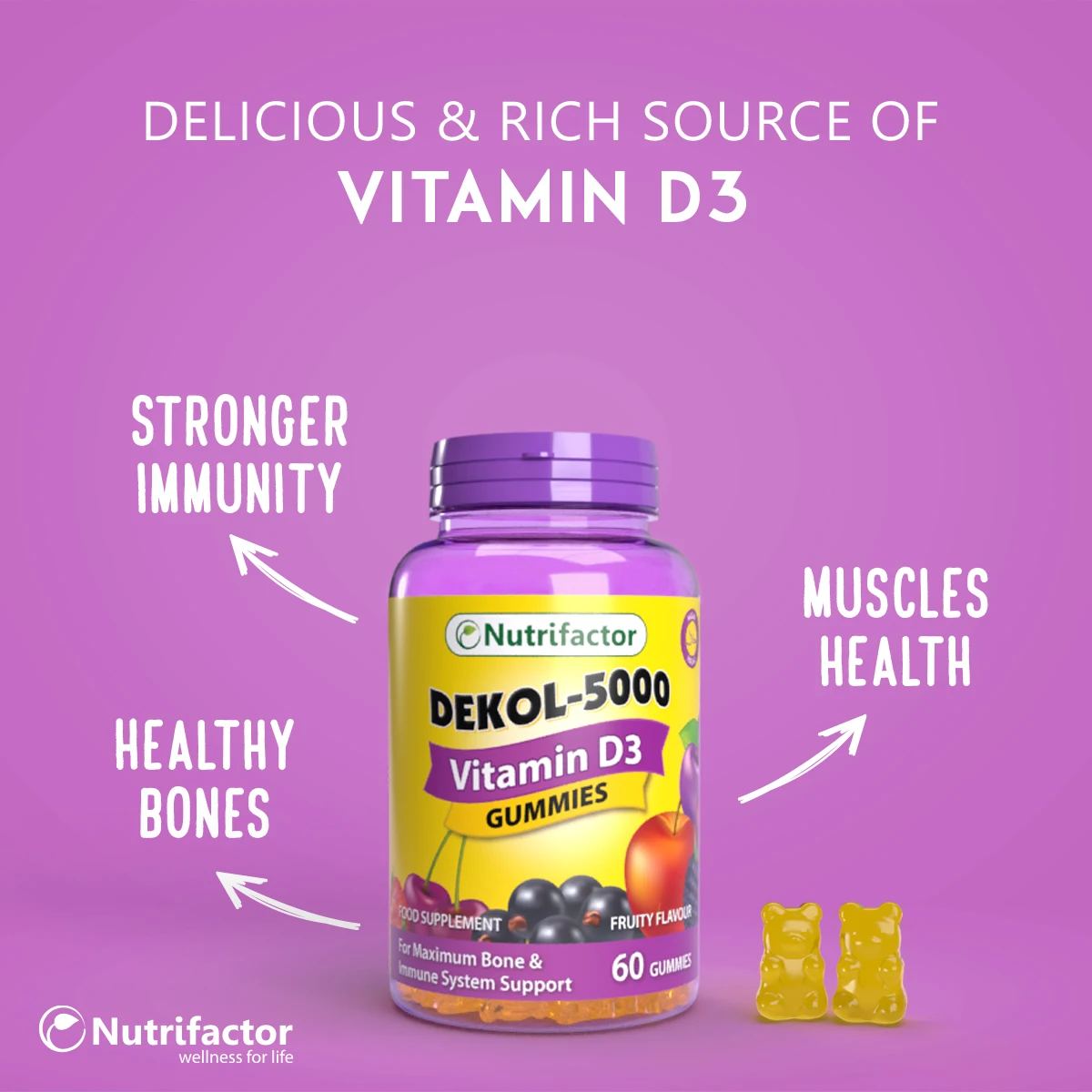  DEKOL-5000 жевательный мармелад витамин D3 холекальциферол 5000 Иу сильные мышцы Максимальная кость и иммунной системы поддержки кальция Мармеладные Конфеты