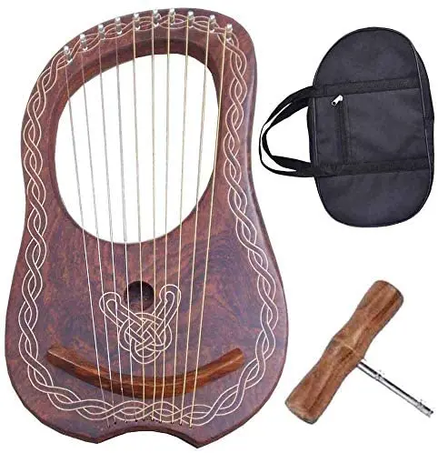 Lyra harp made of well eaged dark Rosewood, lacquered finish, equipped with 10 nylon/wire strings complete with carrying