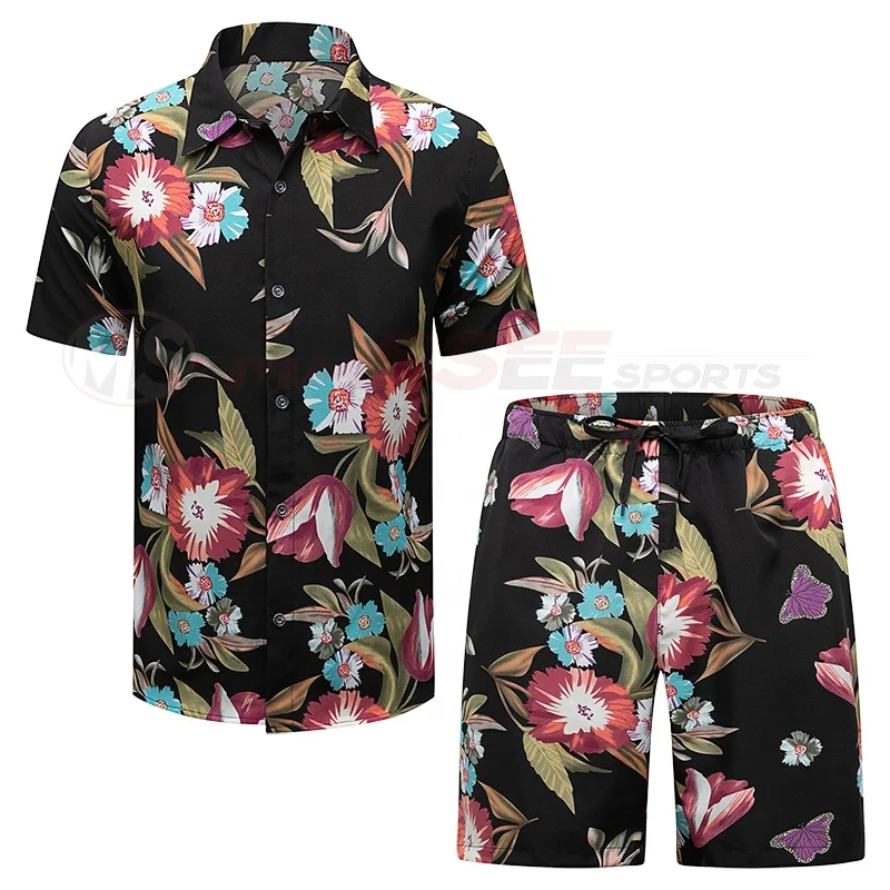 2022 New Design Shirt Printing Men 100%Polyester Custom Beach Wear Casual Hawaiian Men Beach Suit Set
