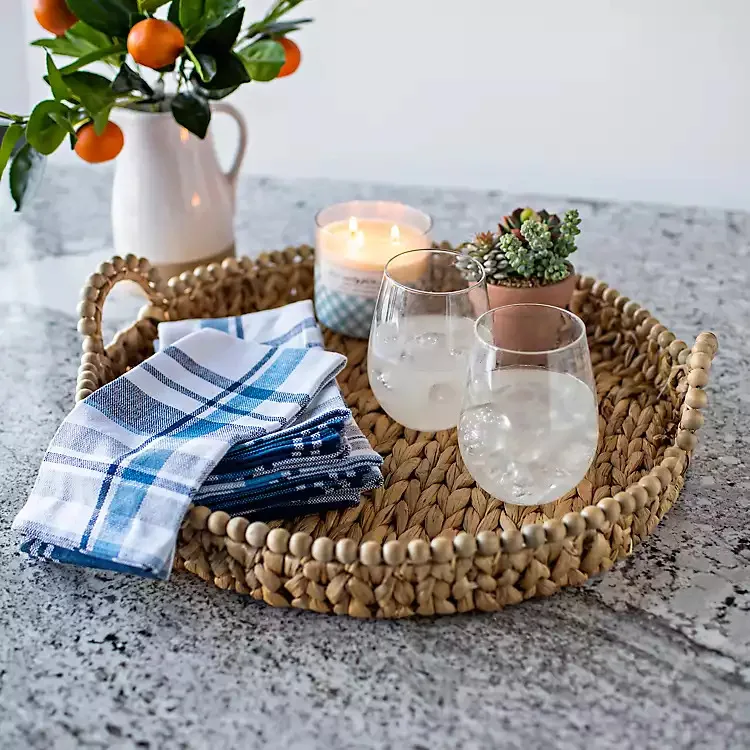 Round Beaded Woven Water Hyacinth Basket Tray Coffee, Food/Coffee Serving Tray/Decorative Storage