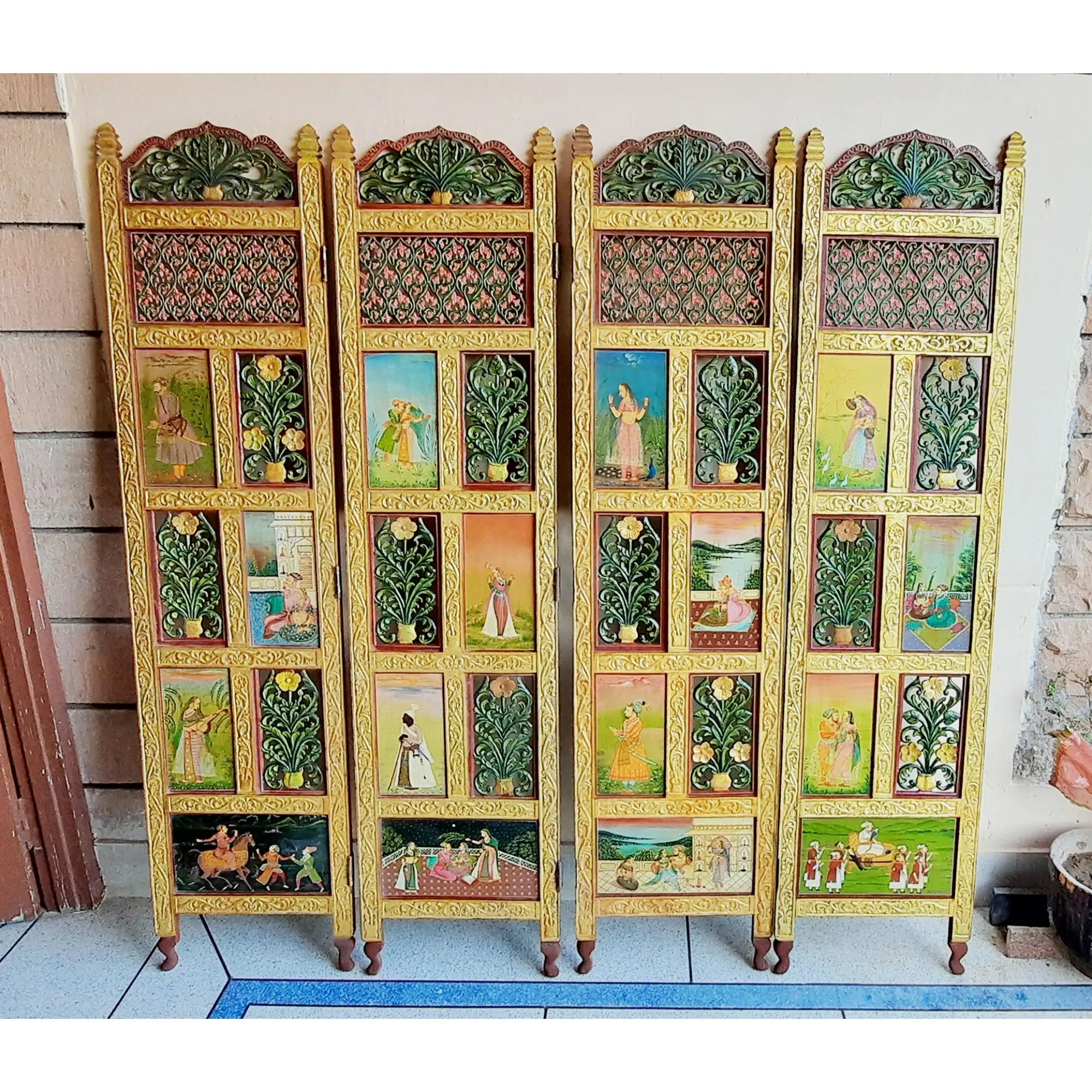 Indian Hand Painted Screen partition wall for room decoration Hand Carved With 24K Pure Gold 4 Panels Folding Room Divider