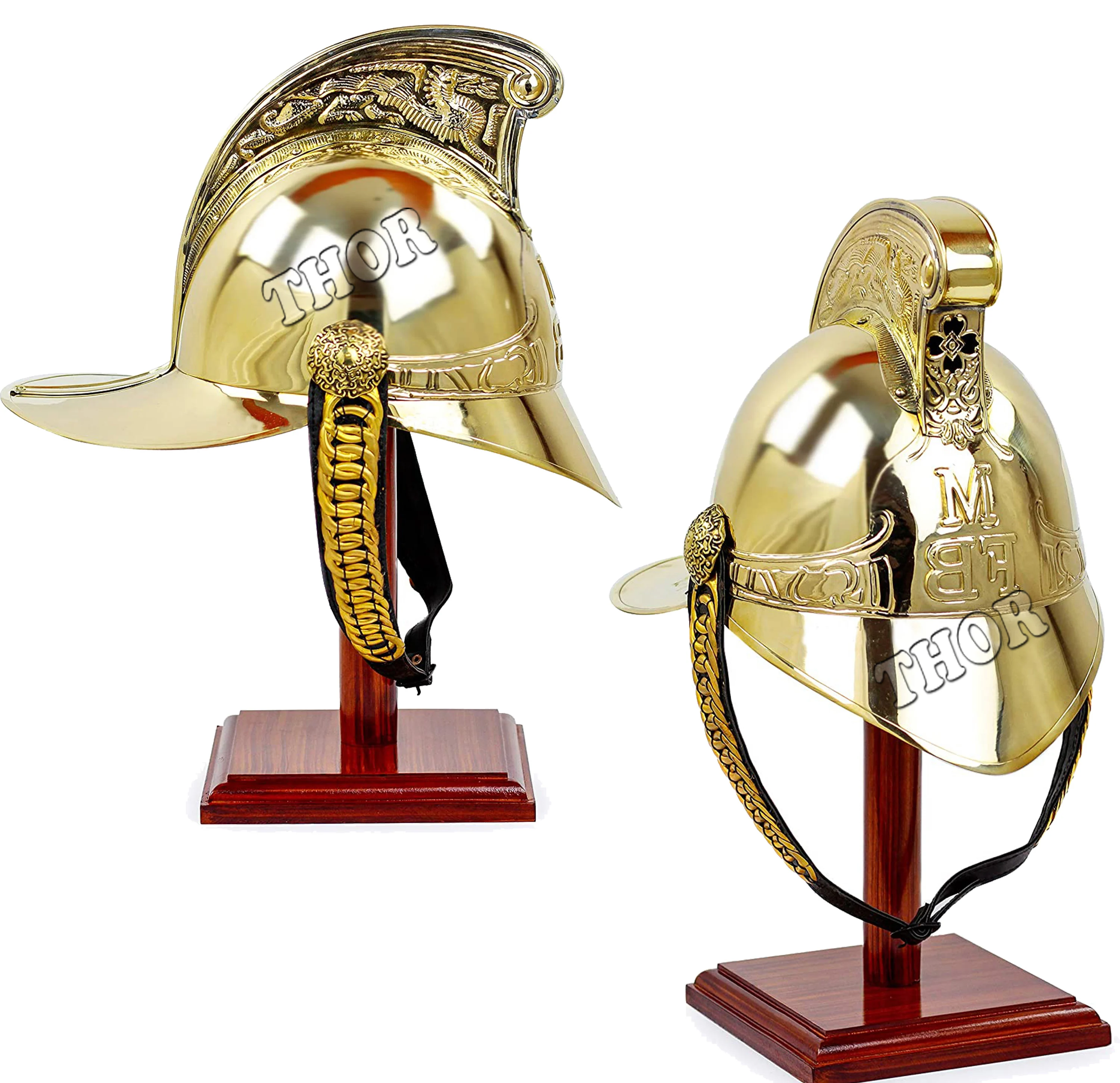 New Brass Unique Fire Fighter Helmet With Leather Line Medieval Costume Brass Polished W/Wood Stand