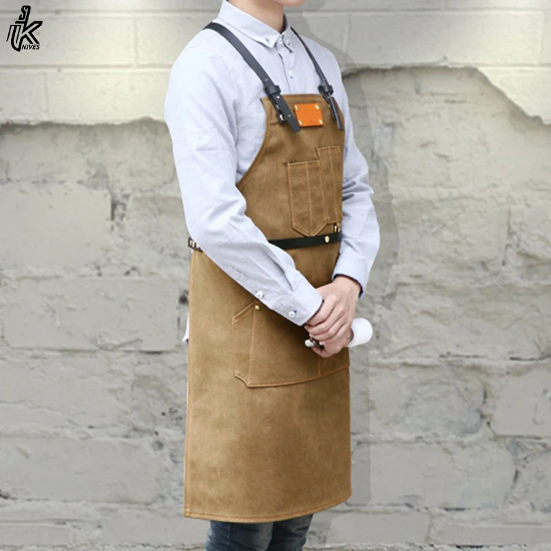 Custom LOGO Cafe Workwear Sling Apron Fashion Denim Canvas Leather Apron