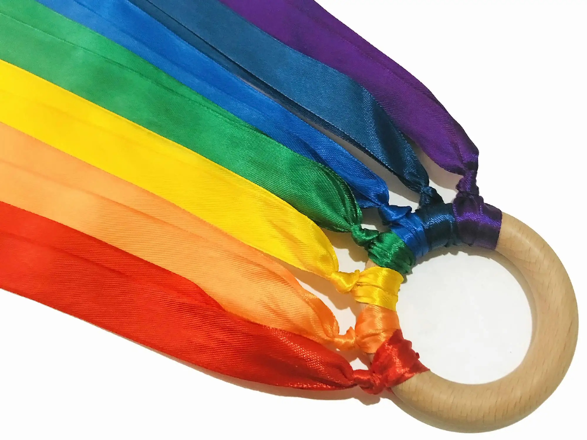 Rhythmic gymnastics ribbon dancing ring with plastic ring and satin rainbow color ribbons for dance and gymnastics