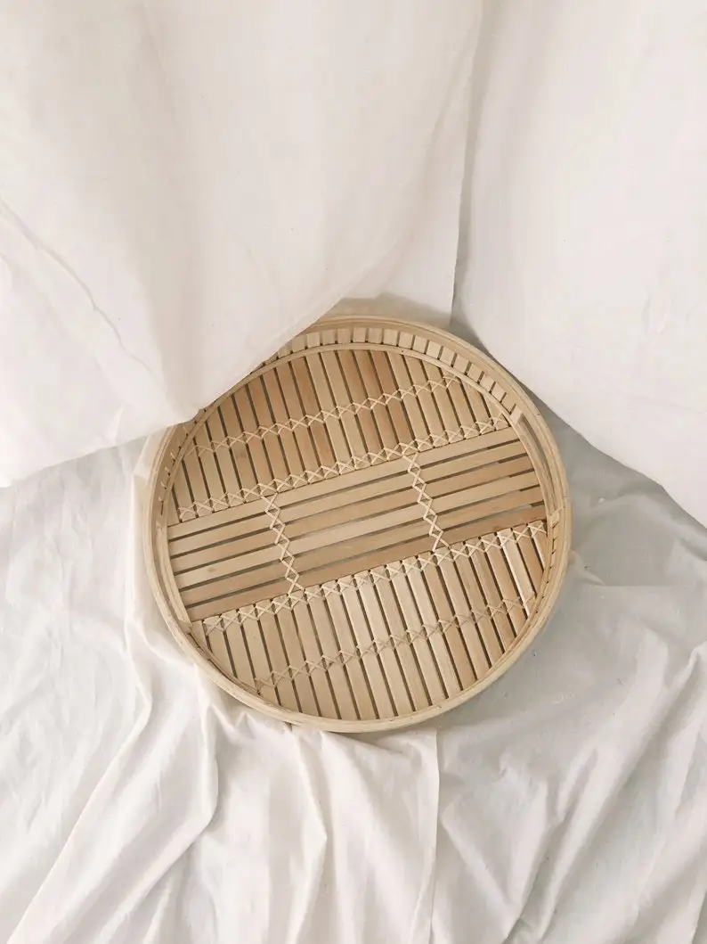 Round Natural Bamboo Tray With Handle, Straw serving tray, Woven Tray with Handle Wholesale