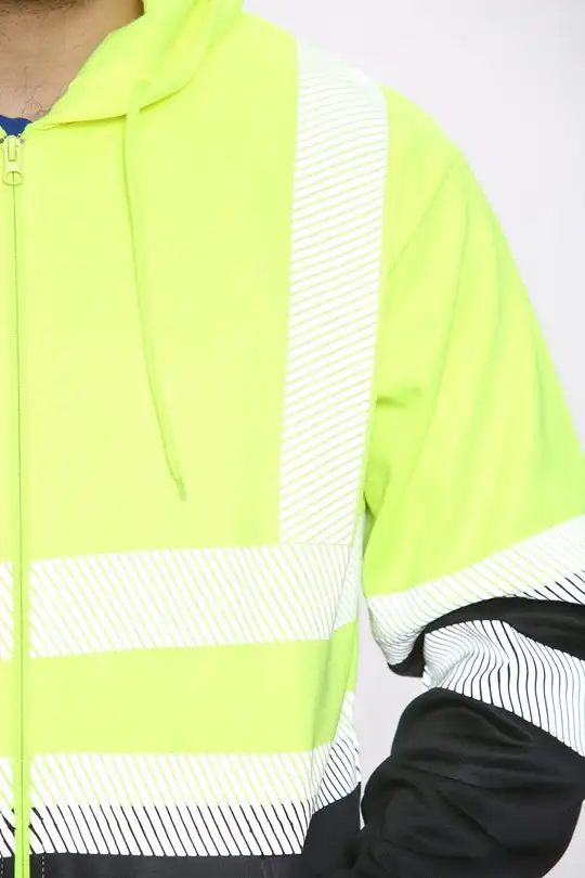 Reflective Hoodies Working High Vis Green/Navy Zipper Hoodie Adjustable Drawstring Around the Hood For Comfy Fit 100% Polyester