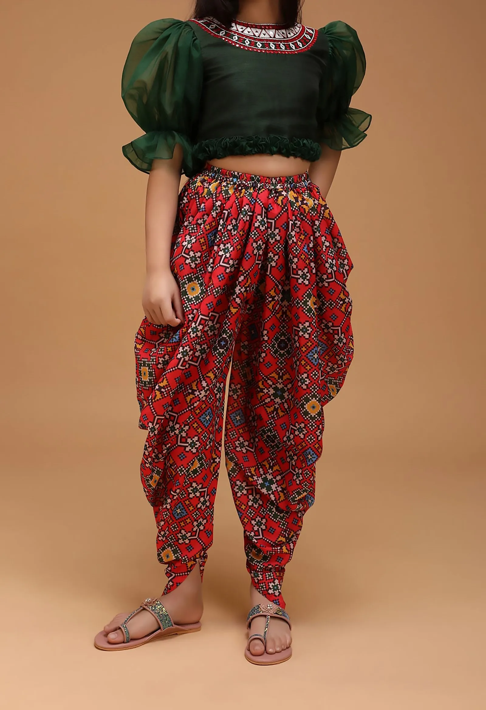 Fashion Clothing Girls Indian Patiala Punjabi Kids Wear Mirror Threadwork Green Top Patola Printed Dhoti finest elements