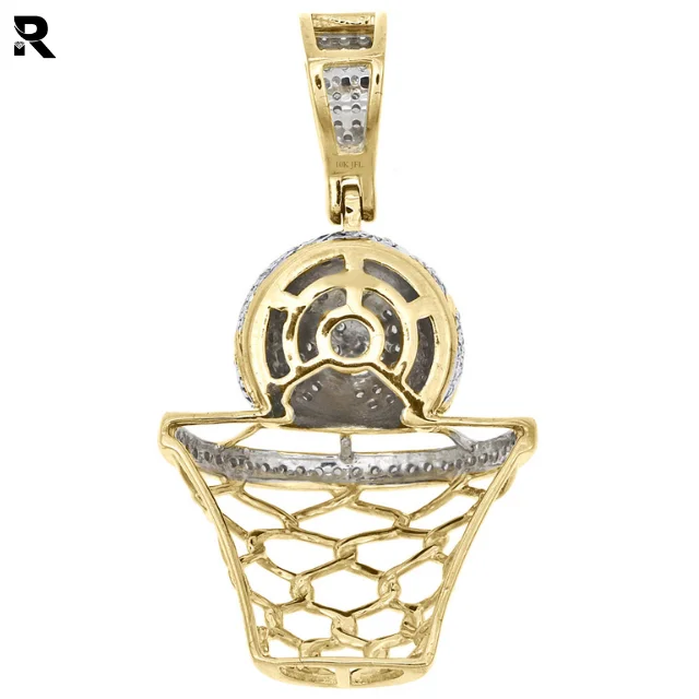 0.33CT 10K Yellow Gold Round Diamond Basketball Pendant Mens Pave Hoop Charm