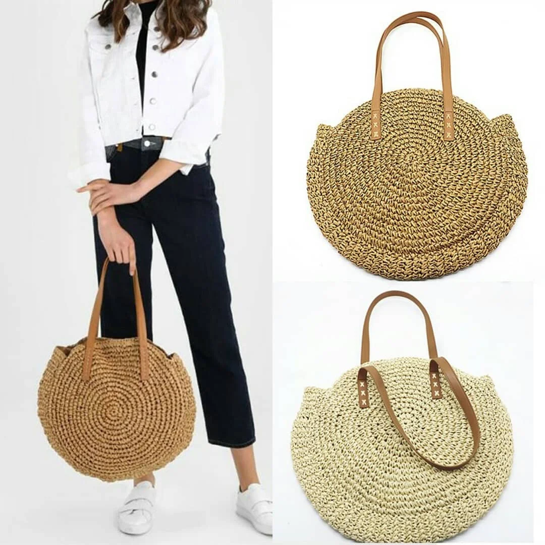 Hot trend summer seagrass shopping bag round hobo seagrass woven beach tote fashion sustainable