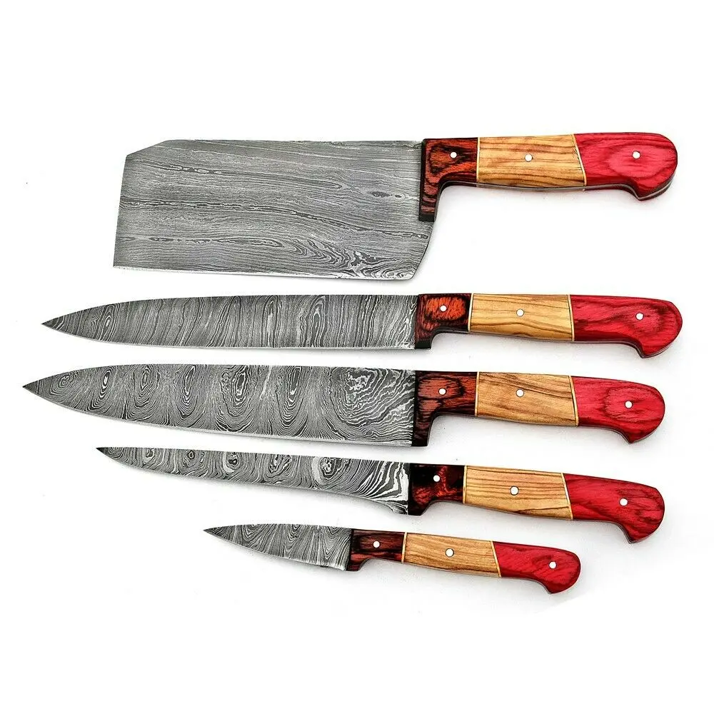
HANDMADE DAMASCUS STEEL CHEF KNIFE KITCHEN SET WITH DOLLAR WOOD HANDLE+ ROLL BAG 