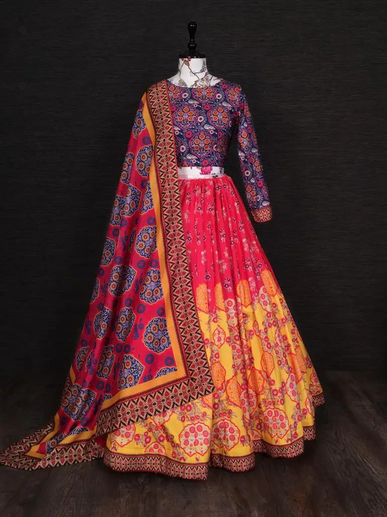  Зари Vaishali шелковое печатное работы banarasi lehenga ЧОЛИ для свадьбы так и особых случаев