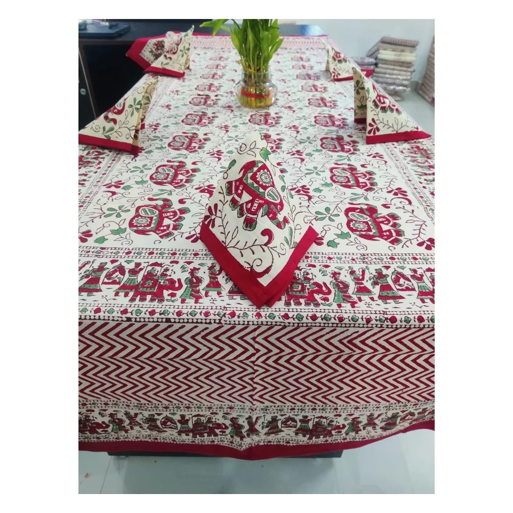 Оптовая продажа B2B 2023 новый дизайн 100% хлопок прямоугольные скатерти с 6 шт. салфеток цветочный принт ручной блок печатные