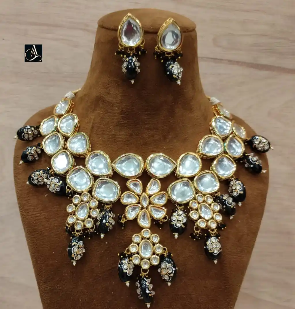 Big kundan stone and gold plated indian bridal heavy necklace with long earring in M Creation