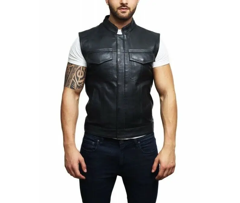Индивидуальный кожаный жилет Байкерский мотоциклетный мужской клубный стиль классический байкерский черный