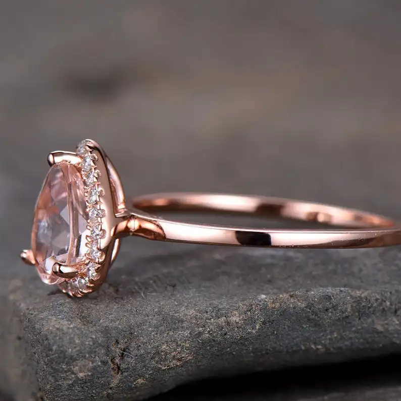 Pear Cut Morganite Engagement Ring 6 x 8 mm Rose Gold Plated Plain Band Minimalist 925 Sterling Silver Bridal