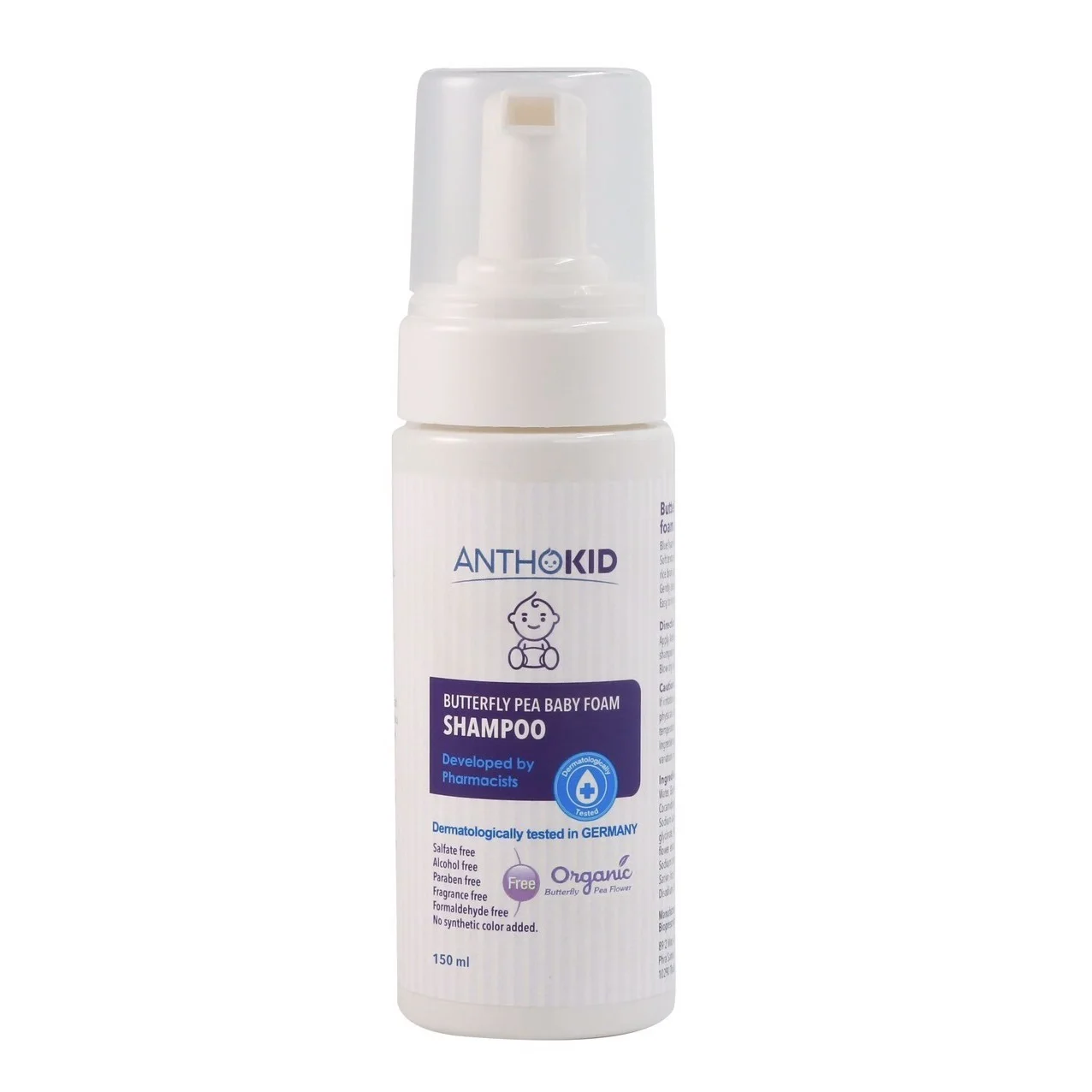 Coconut Oil Organic Herbal Anthokid - Butterfly Pea Baby Foam Shampoo 150 ml For All Hair Type From Thailand