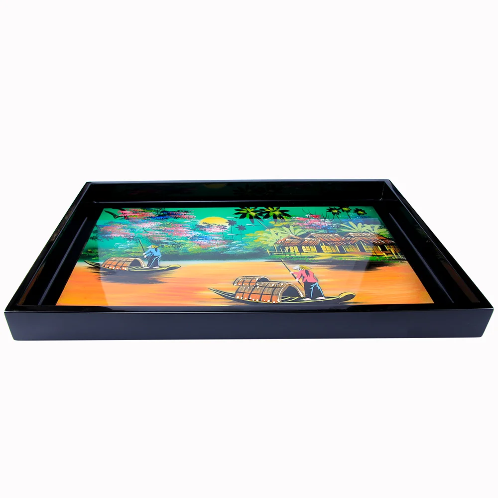 
Top Selling Rectangular Non-Slip Serving Trays Eating Storing Wooden Tray Breakfast Natural Durable Lacquer Tray 