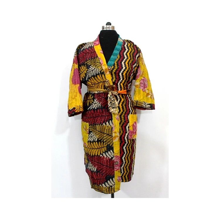 Premium Quality Linen Robe Vintage Silk Sari Printed Fashionable Kimono Robe with Double Front Pockets and Adjustable Belt