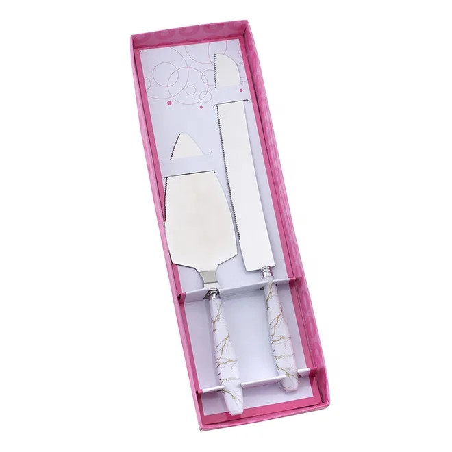 Cake knife with server shovel stainless steel blade easy to clean Marble print handle