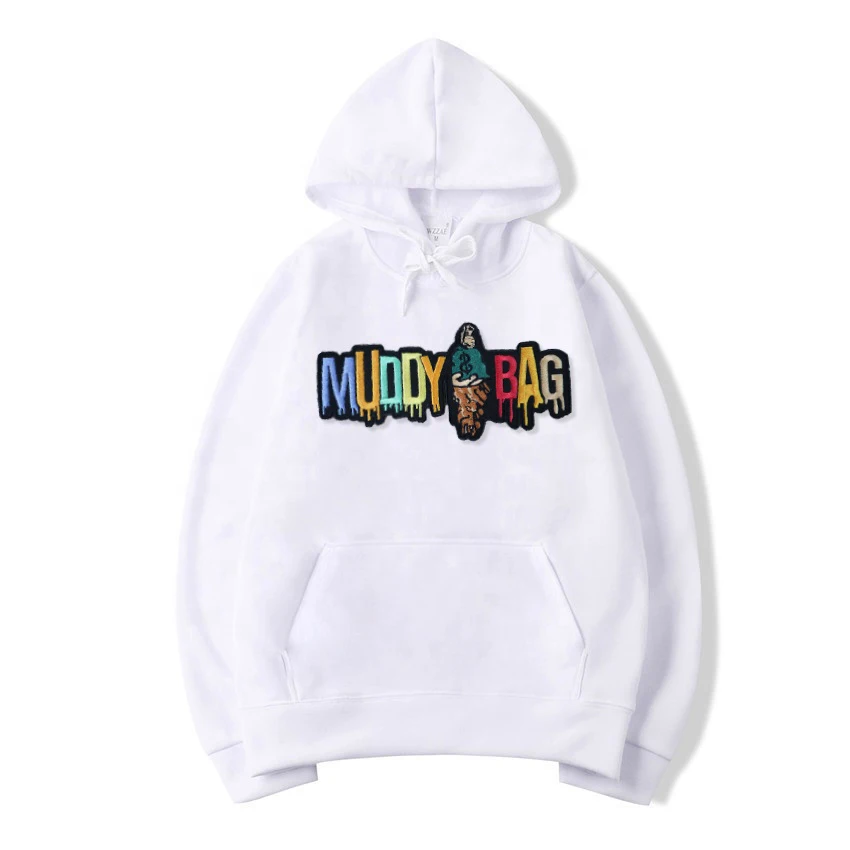 Wholesale Custom Chenille Patch Hoodie Customized Embroidery Logo Oversized Unisex Pullover Cheap Hoodie/white patches hoodies