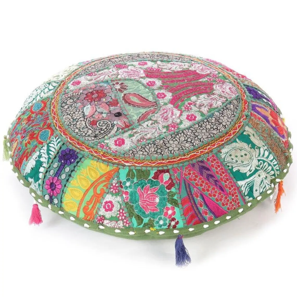 Indian Textile Wholesale 100% Cotton Handmade Patchwork Bohemian Round Zafu Pouf Vintage Embroidered Floor Pillow Cushion Cover