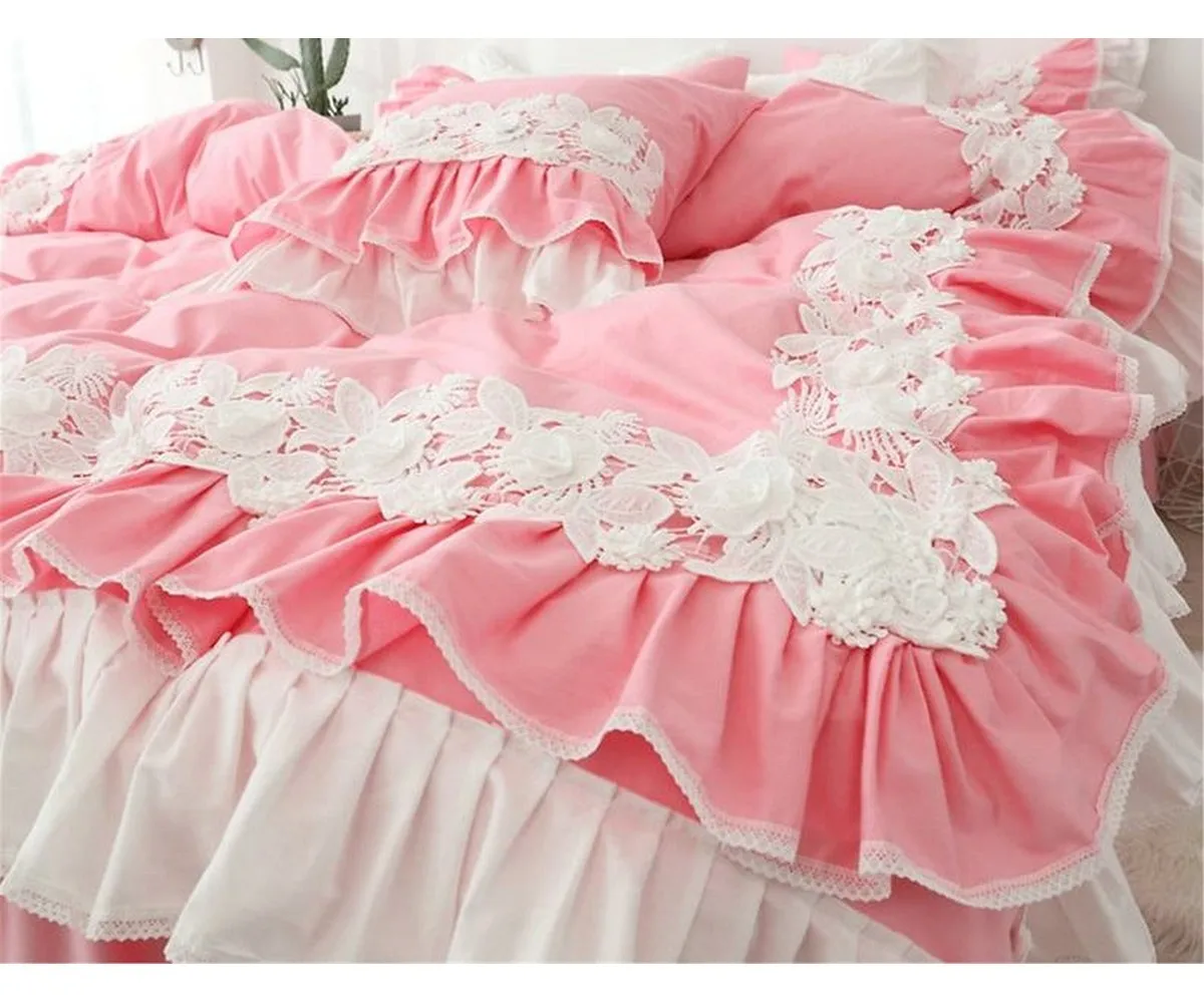 100% Cotton Soft  Double Ruffle Bedding Set flower lace Duvet Cover Set Floral Pillow Pink