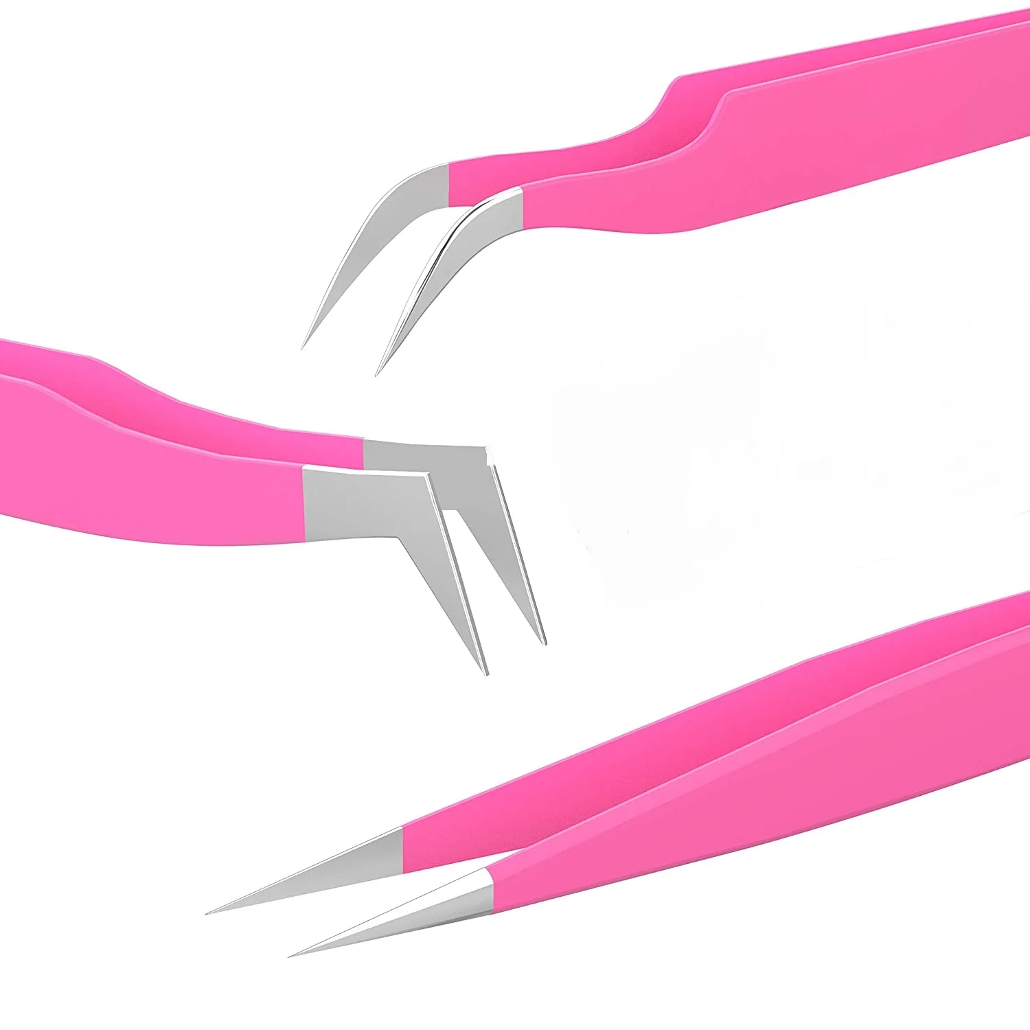eyelash extension tweezers stainless steel 3 pcs set straight & curved tweezers make up tool pink