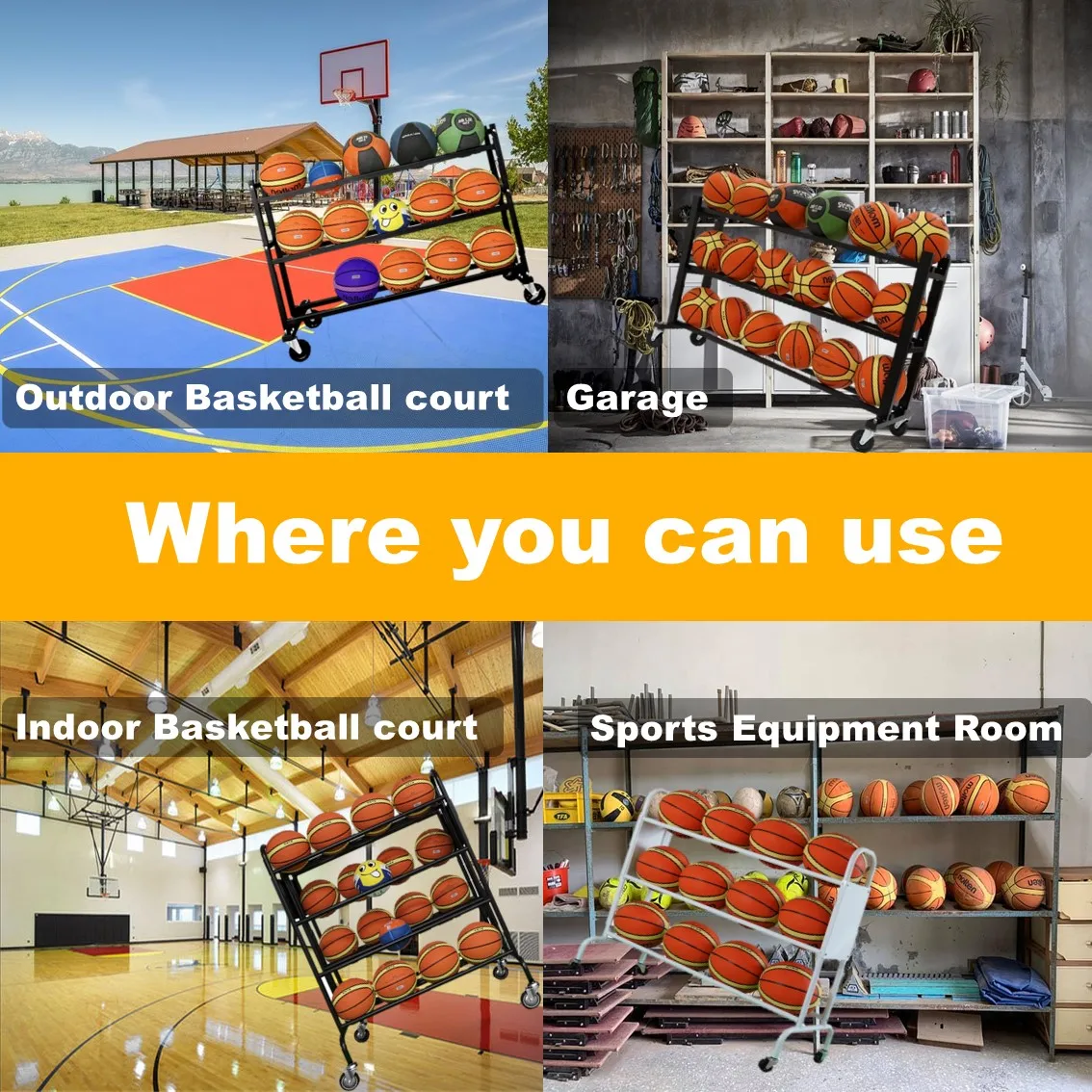 Shopping cart TOTE wheeled for warehousing garage SHELF ball sports facility for garage gym home garden infa