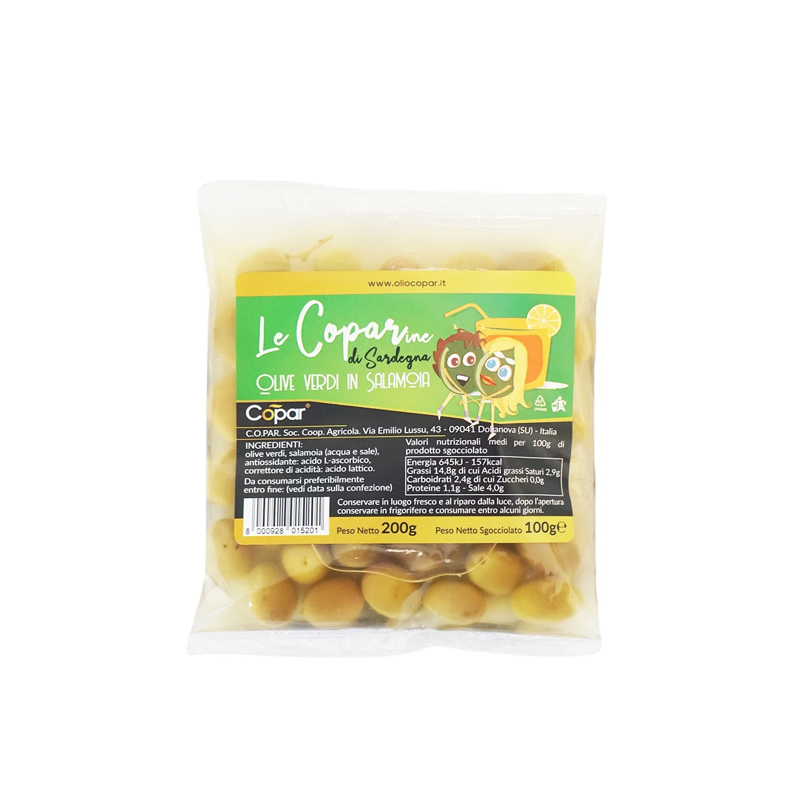 Premium quality Italian natural green olives in brine 100 gr plastic bag for supermarket for export