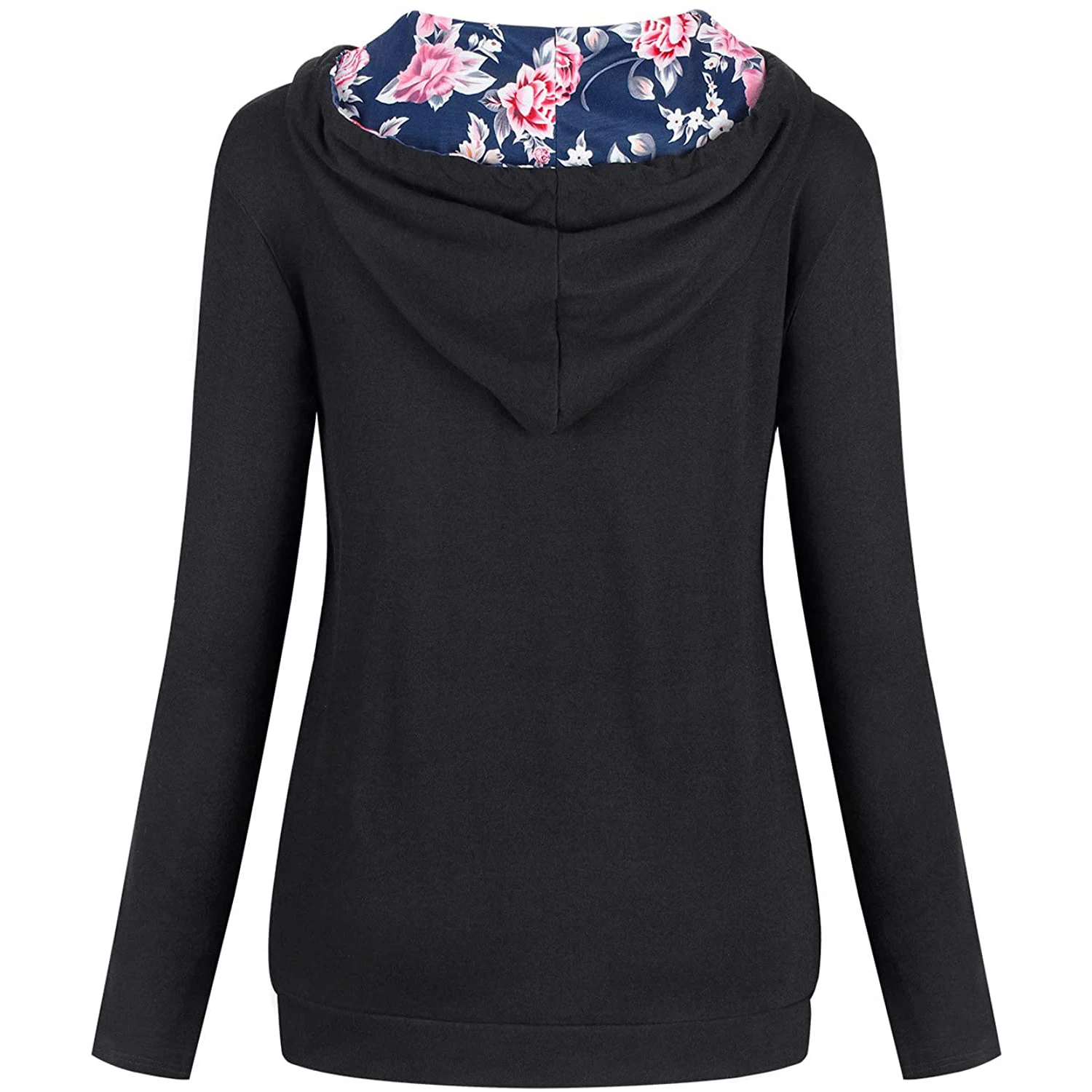 Women Solid Black With Floral Patch Hoodies Street Wear Styles
