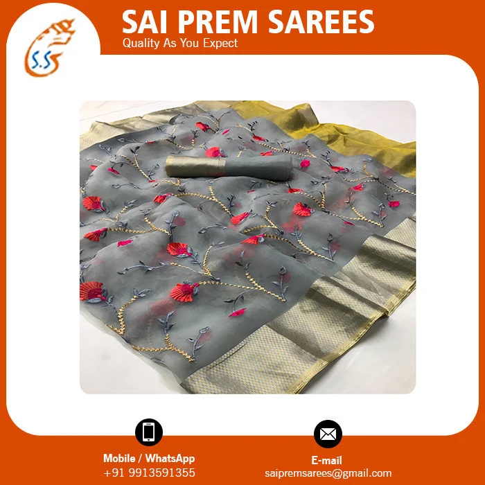 Beautiful Hand Work Saree With Tissue Work And Golden Heavy Border From Indian Wholesaler