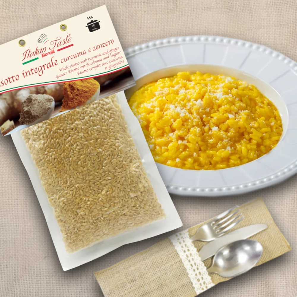 
High quality Italian Risotto with brown rice, turmeric and ginger vacuum packed 300 g Made in Italy for export 