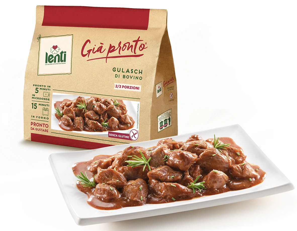 Gulasch Spicy Beef with paprika 0,300g Kg Steam Cooked LENTI Made in Italy for wholsalers, retail, hotel and restaurants