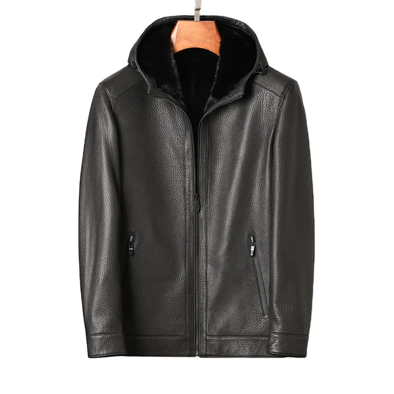 Мужская куртка из натуральной кожи пальто козьей шкуры и меха норки длинная Меховая с капюшоном теплые зимние черная кожаная